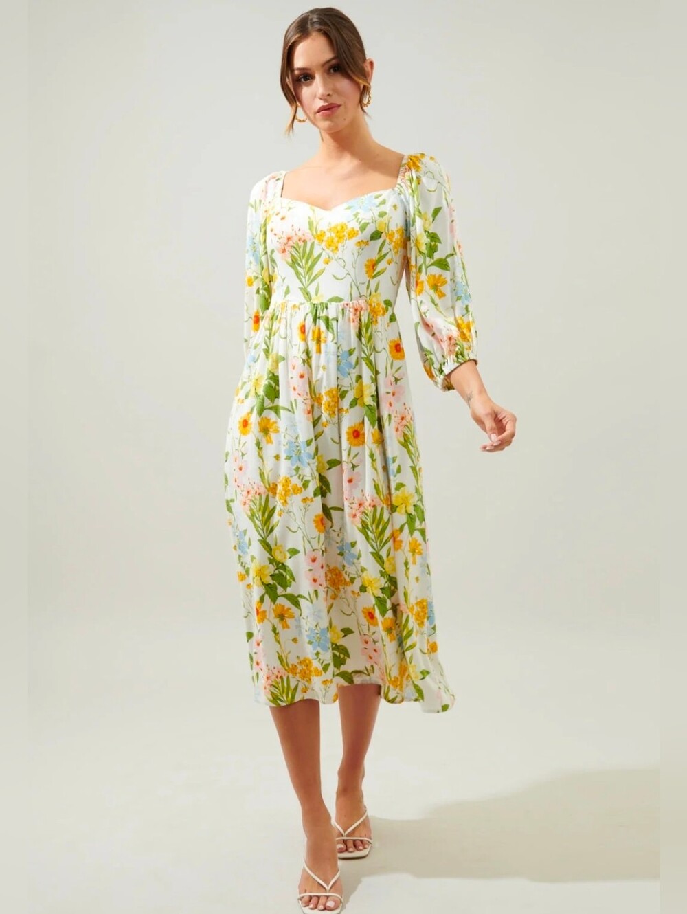Sugarlips White Floral Midi Dress with Yellow & Green Blooms